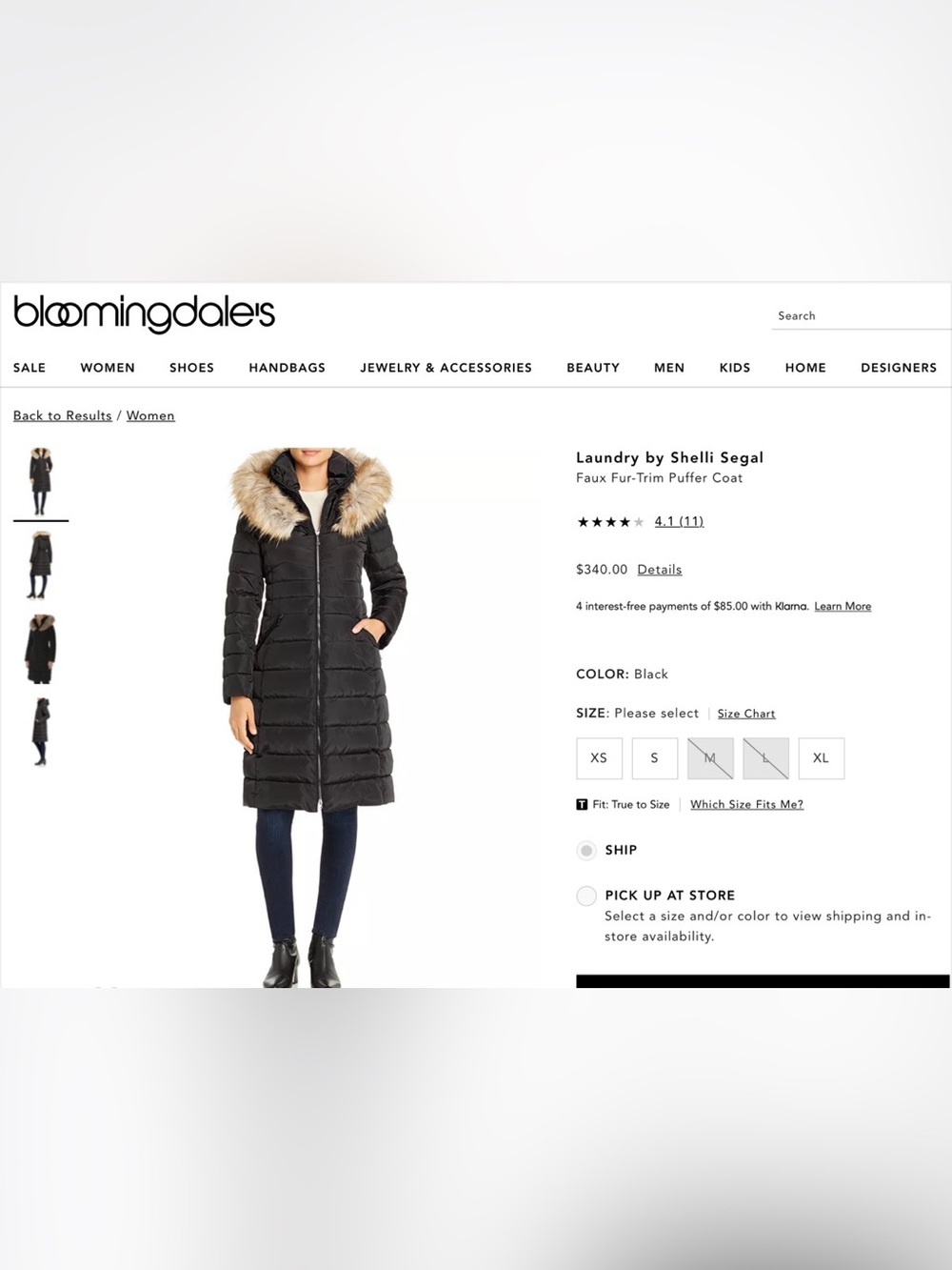 Laundry By Shelli Segal Black Puffer Coat with Faux-Fur Trimmed Hood
